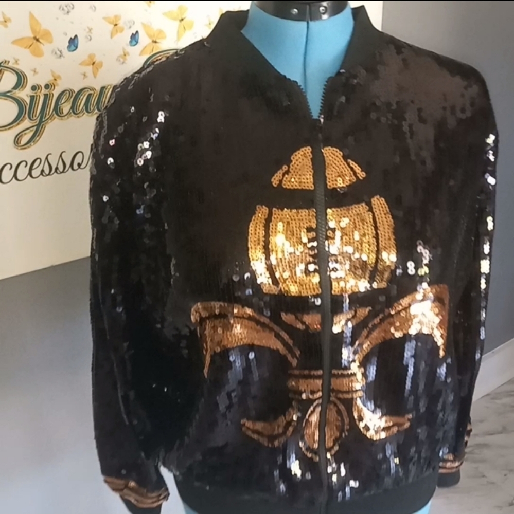 Sequins Fleur-de-lis/WHO DAT" Bomber Jacket, Black and Gold